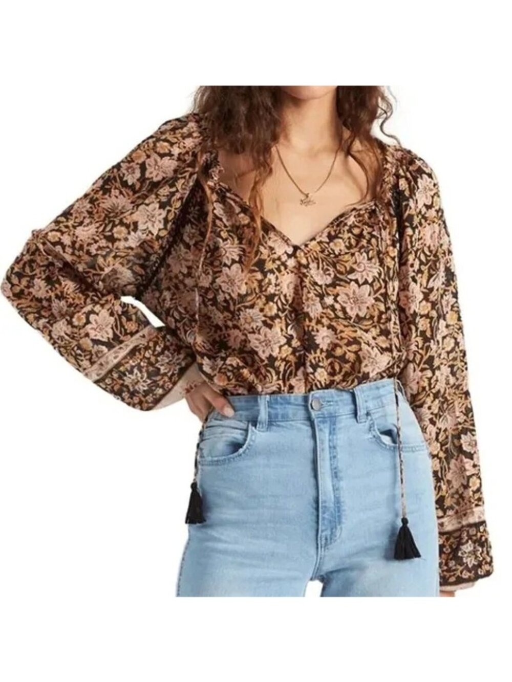 Billabong Peasant Top Medium Floral Print Long Sleeve Blouse Black Yellow Boho